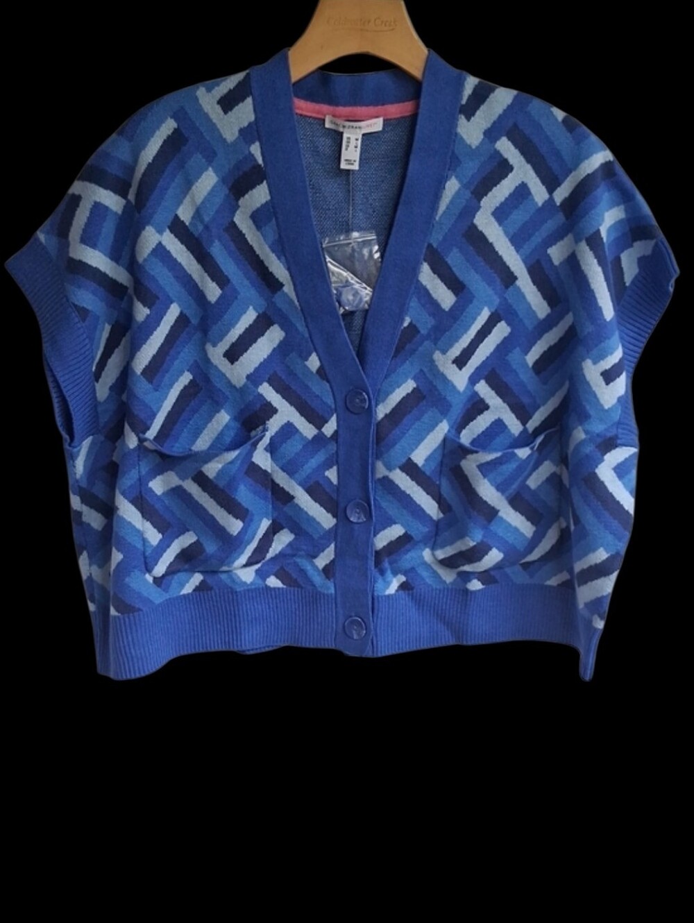 Isaac Mizrahi Live! Blue Geometric Button-Front Women's Cardigan Sweater Vest M